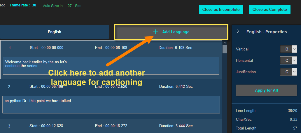 Adding additional languages for captions