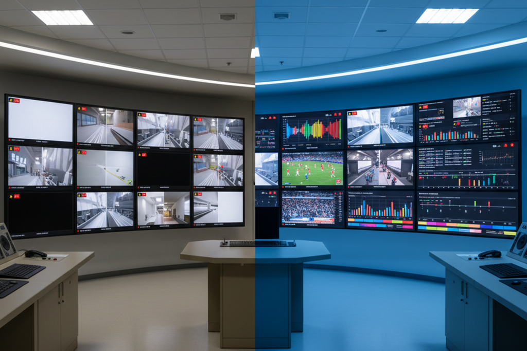 Comparison between a basic multiviewer mosaic and an advanced multiviewer monitoring system with QoS, QoE, captions, loudness, and metadata overlays. 