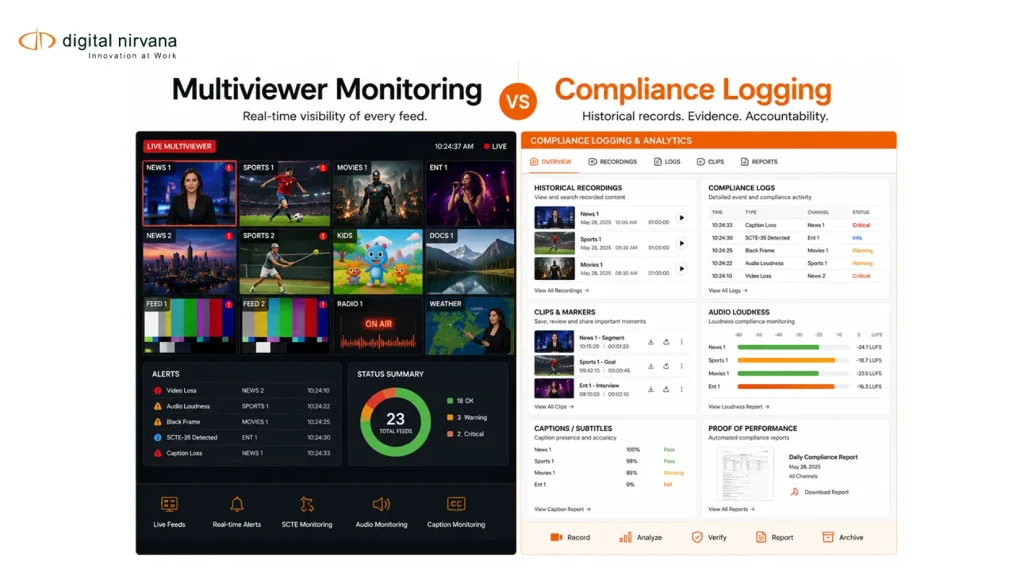 Comparison of multiviewer monitoring and compliance logging workflows.